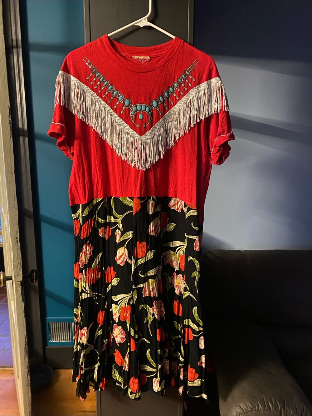 OOAK Upcycled Western Fringed Red & Floral Midi Dress